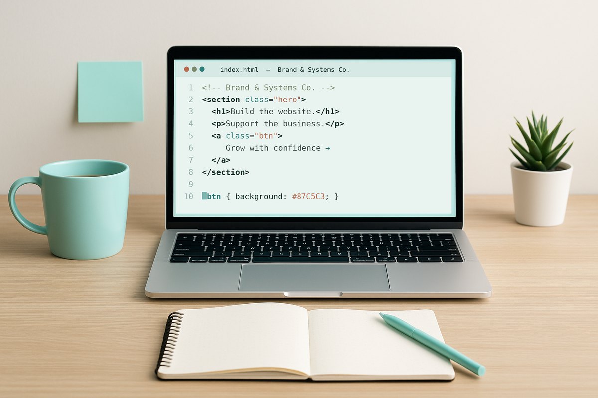 A laptop on a desk showing Brand & Systems Co. website code