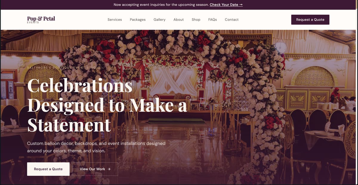 Pop & Petals Events website preview
